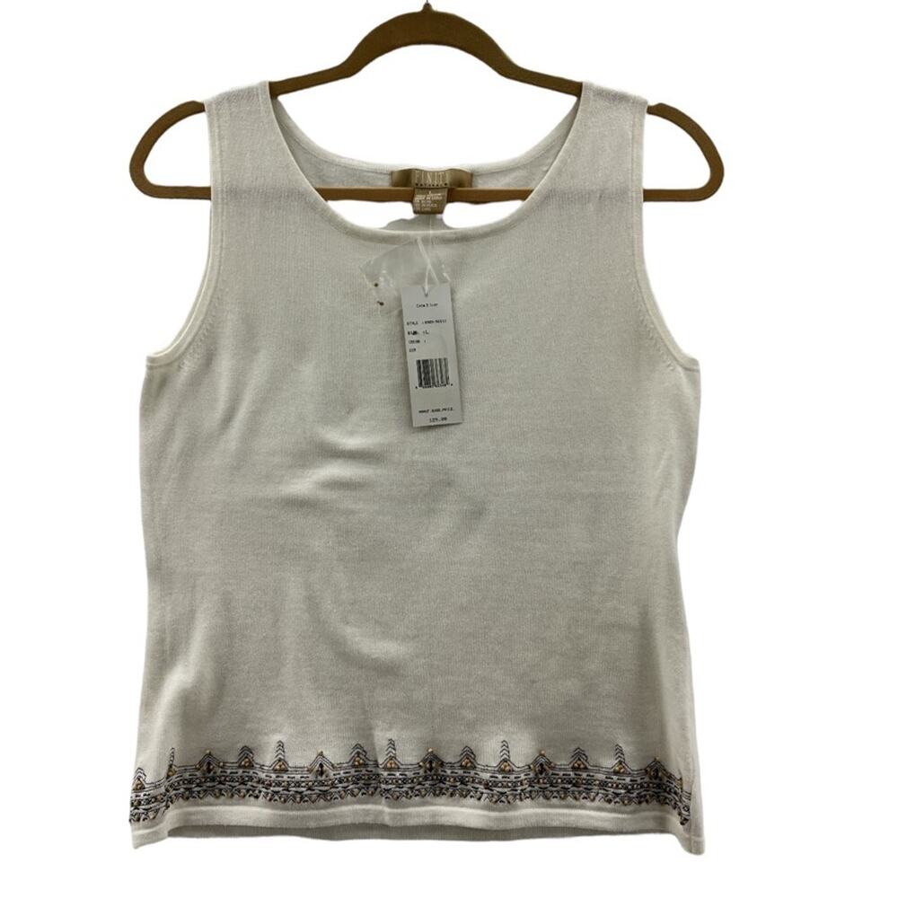 Finity Womens Tank Top Black Scoop Neck Embellished 100% Cotton Blouse L New